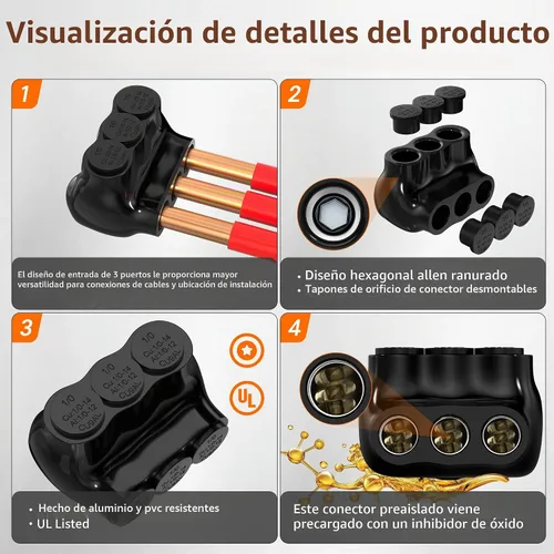 Vista 3 de Joinfworld Conector multigrifo aislado de 3 puertos 1/0-14AWG de aluminio a cobre, conectores de aluminio de entrada de un solo lado con hexagonal