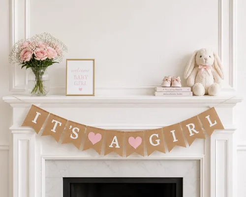 Vista 8 de Cartel de arpillera con texto en inglés "It's a Girl" para decoración de baby shower y fiesta de revelación de género (corazones rosa claro)
