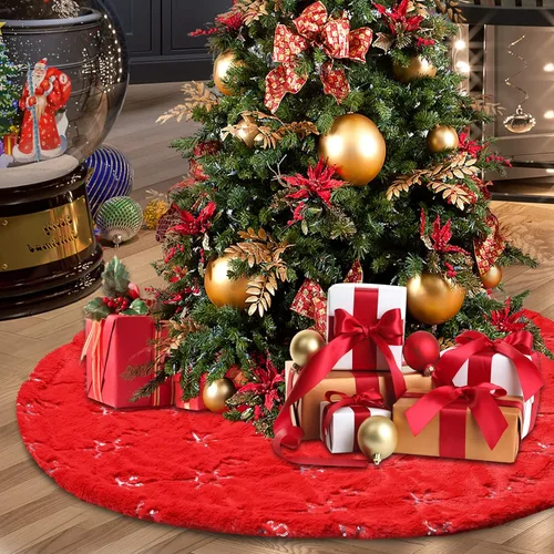 Vista 10 de Falda de Árbol de Navidad - Falda de árbol de 48 pulgadas grande roja con falda de árbol de piel sintética suave de alta gama para decoraciones