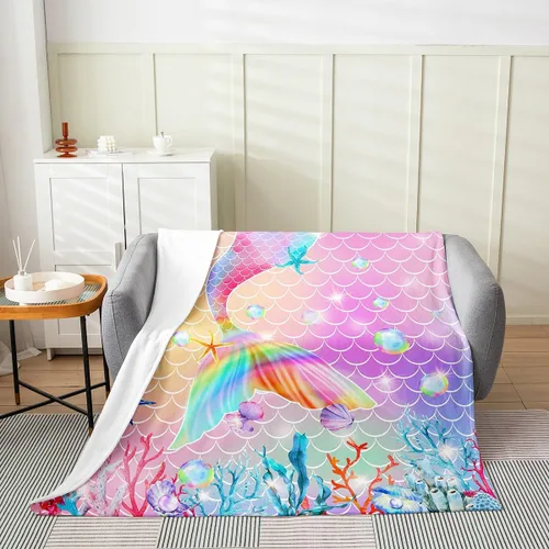 Vista 2 de Erosebridal Manta de cola de sirena para niños, manta de vellón de sirena de 40 x 50 pulgadas para niñas, manta de franela de escamas de peces