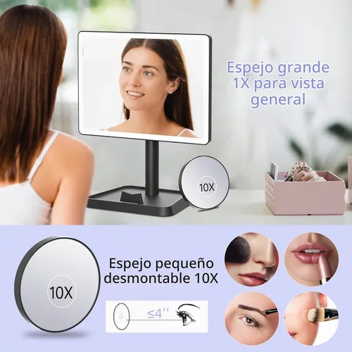 Vista 5 de FUNTOUCH Espejo de tocador de maquillaje recargable con luces, espejo de escritorio grande iluminado con 96 luces LED y aumento de 10x, iluminación