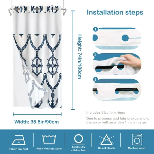 Vista 5 de Batmerry Maritime Nautical Hookless Shower Curtain with Snap in Liner Set, Anchors Ship Wheel Bath Curtain Magnetic Hem Quick-Drying Waterproof