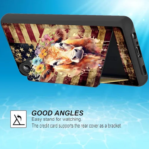 Vista 3 de Funda híbrida de doble capa con función atril para Samsung Galaxy A16 5G de 6.9 pulgadas, diseño de vaca con bandera estadounidense