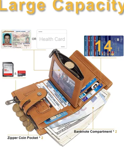 Vista 3 de Billetera con cadena para hombre, de piel auténtica, con bloqueo RFID, monedero de doble cremallera con bolsillo para monedas, Marrón, Cartera