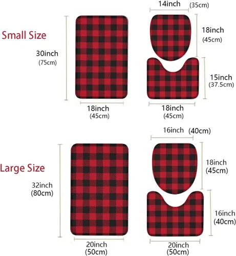 Vista 2 de Juego de 3 tapetes de baño a cuadros negros y rojos con diseño de cuadros de búfalo para decoración de invierno, antideslizante, absorbente de agua