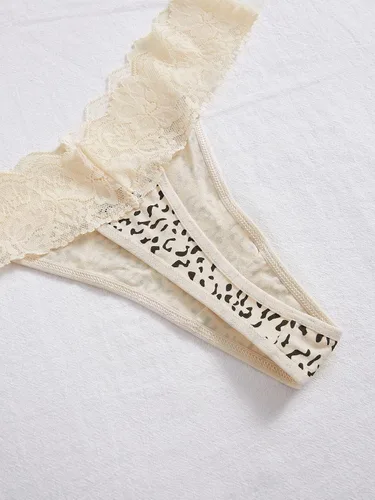 Vista 6 de COZYEASE Conjunto de 5 piezas de bragas de encaje en contraste para mujer con estampado gráfico