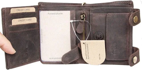 Vista 5 de FLW Cartera de cuero genuino RFID marrón con dos hebillas y cadena de metal, Marrón, Casual