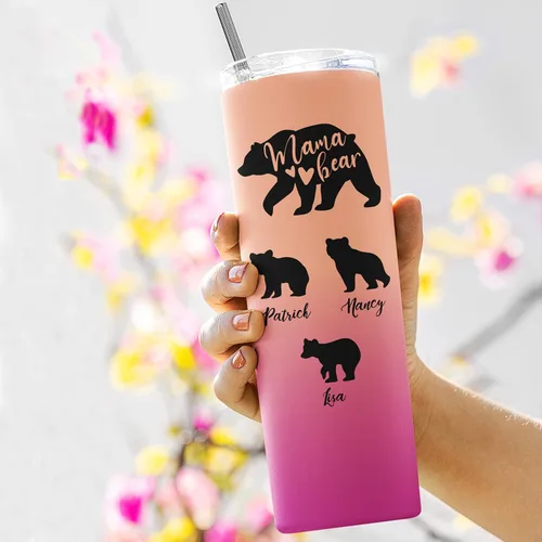 Vista 5 de Vaso personalizado de mamá oso – 20 onzas, pajilla, tapa – 30 colores, hasta 6 cachorros – Regalos para mamá de hija, hijo, regalos para la nueva
