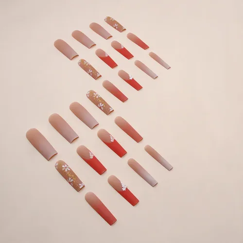 Vista 2 de IMSOHOT Uñas postizas, acrílicas de color naranja mate, puntas francesas cuadradas, 24 unidades, uñas extra largas con pegamento con bonitos diseños