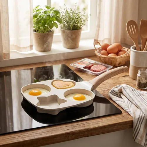 Vista 2 de Sartén para huevos de 4 tazas, cocina de hamburguesas para panqueques de huevo, fácil desayuno, olla antiadherente de aleación de aluminio con mango