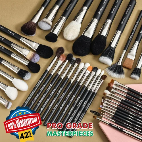Vista 2 de BUEART DESIGN - Juego de 42 brochas de maquillaje con pelo de cabra natural real (42 piezas, negro perla mate)