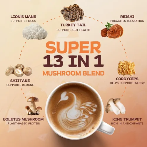 Vista 4 de Café de hongos de 60,000 mg – 13 hongos naturales mezcla de aceite MCT y vitaminas, café instantáneo Keto Arábica con Ashwagandha y L-teanina y más