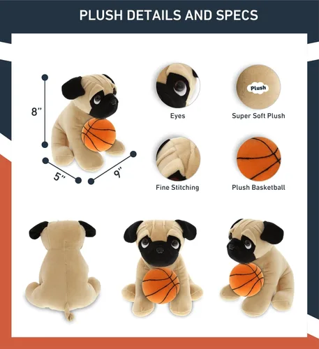 Vista 3 de DolliBu Peluche de perro Pug con felpa de baloncesto, perro carlino suave y abrazable, adorable juguete de peluche, juguete de peluche personalizado