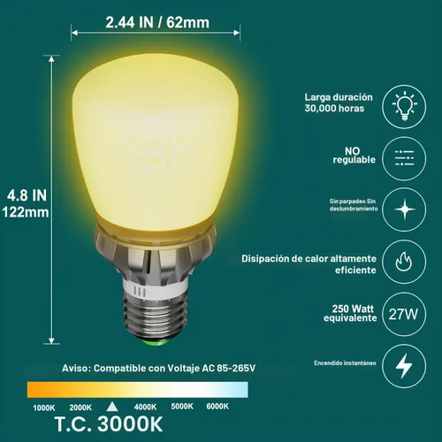 Vista 2 de Bombillas LED A19 equivalentes a 250 W, bombillas LED brillantes de 3670 lúmenes, 3000 K, blanco cálido, 27 W, E26, bombilla LED de maíz