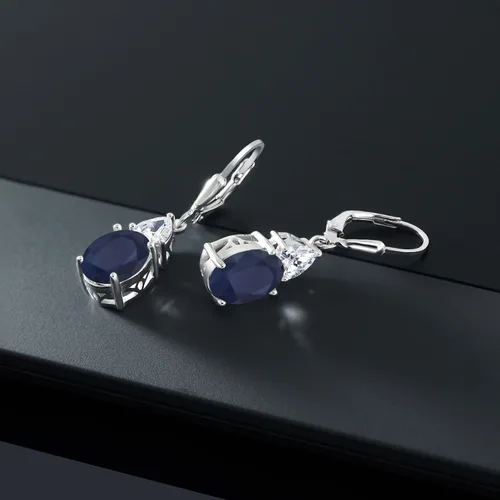 Vista 5 de Gem Stone King Aretes colgantes de plata de ley 925 con zafiro azul y moissanita blanca para mujer