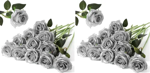 Vista 30 de Hawesome - Ramo de 12 rosas artificiales de seda con tallo largo para decoración del hogar, boda, fiesta (Negro-1)