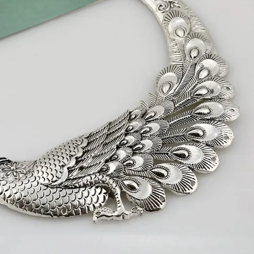 Vista 4 de YAZILIND Collar grueso con pechera de pavo real, bohemio, vintage, chapado en plata, étnico, collar de clavícula, joyería, Metal, No es una piedra