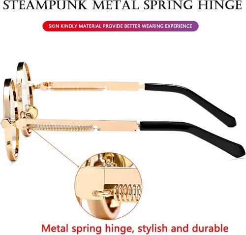 Vista 5 de AIEYEZO Gafas de sol redondas Steampunk con montura de metal gótico 100 bloqueo UV