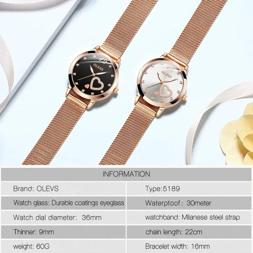 Vista 7 de OLEVS Relojes de oro rosa para mujer movimiento de cuarzo japonés con diamantes de corazón para niñas reloj de pulsera con correa de malla