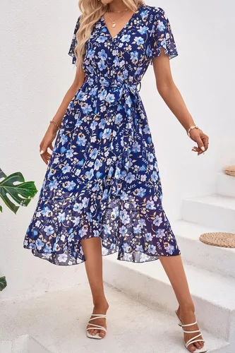 Vista 3 de PRETTYGARDEN - Vestido floral para mujer estilo bohemio, cruzado, con cuello en V, manga corta, con cinturón, dobladillo con volantes, acampanado