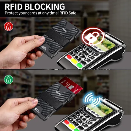Vista 94 de Cartera delgada de aluminio para hombre, placa trasera expandible duradera, bloqueo RFID, billetera desplegable de metal minimalista, con capacidad