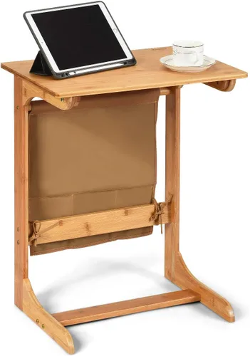 Vista 9 de COSTWAY Mesa auxiliar 100% de bambú, mesa auxiliar con bandeja de TV en forma de L, mesa auxiliar de aperitivos para computadora portátil con bolsa