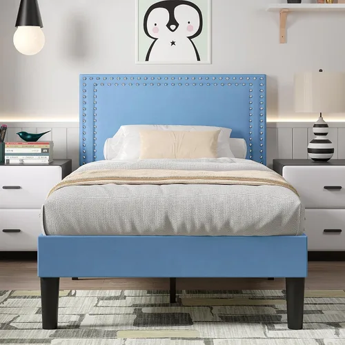 Vista 145 de VECELO Base de cama de plataforma de tamaño individual con cabecera tapizada de altura ajustable, base de colchón moderna, soporte de listones