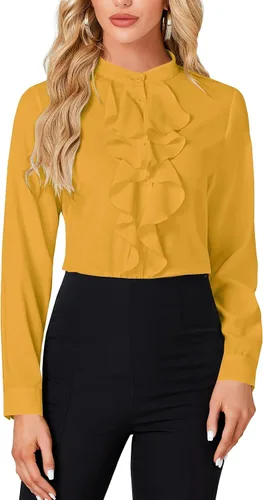 Vista 21 de LYANER - Blusa de cuello alto con botones, volantes en el frente, manga larga, camisa de trabajo para mujer