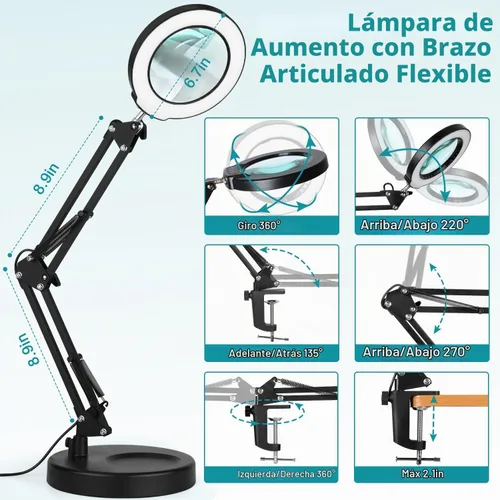 Vista 6 de Lámpara de lupa de 10 aumentos con luz y soporte, lámpara de escritorio y abrazadera 2 en 1, Seylae con 5 modos de color, lupa iluminada LED