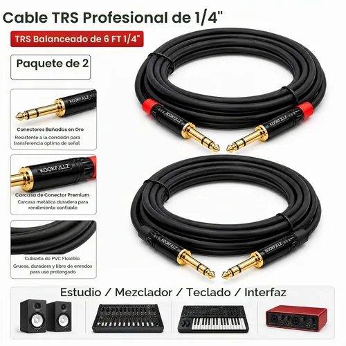 Vista 4 de Cable de altavoces, TRS equilibrado de 6 pies 1/4 ", paquete de 2