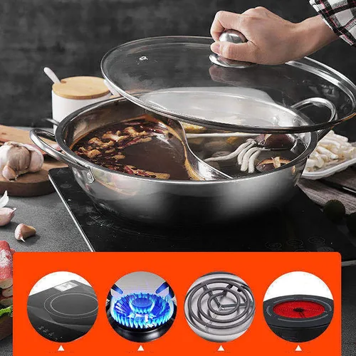Vista 3 de Olla caliente de Shabu de acero inoxidable con tapa de vidrio para estufa de inducción, estufa de gas 2-5 personas
