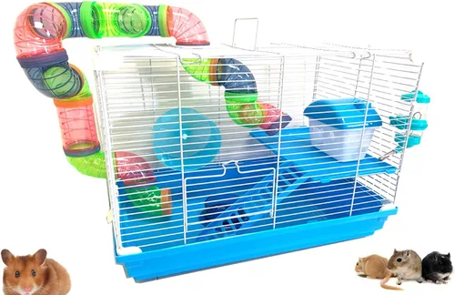 Vista 4 de Rosa Grande Torre Doble de 5 Pisos Hábitat para Hámster Mansión Roedores Jerbos Ratones Pequeños Hogar Jaula con Tubo de Cruce Superior Expandible