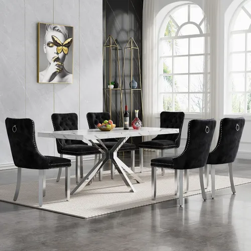 Vista 13 de HomVent Juego de mesa de comedor rectangular para 4, juego de mesa de cocina rectangular, juego de mesa de comedor de mármol sintético, juego