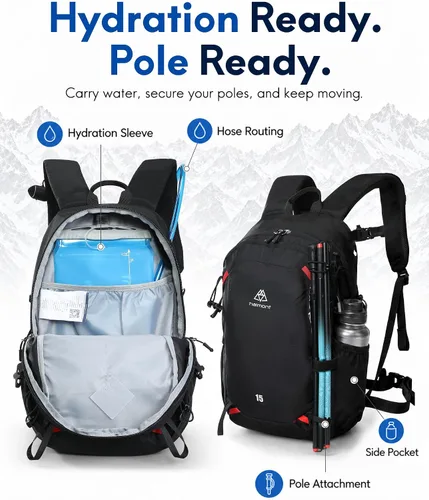 Vista 4 de Haimont Mochila de senderismo ligera de 15 L, color negro