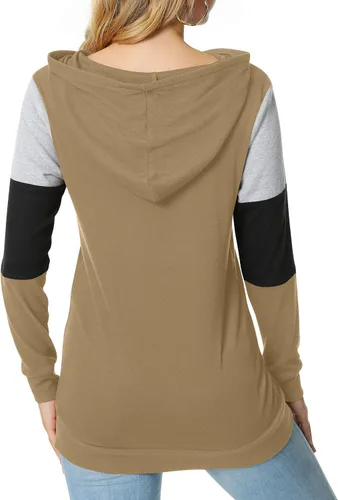 Vista 4 de CATHY Sudadera casual con cordón para mujer, manga larga, bloque de color, sudadera con capucha y bolsillo