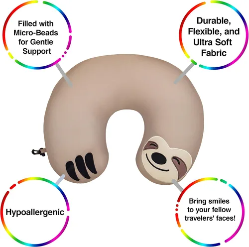 Vista 6 de GAMAGO Sloth Kids & Kidults, bonita almohada de avión para viajes, tela ultra suave rellena con microperlas para un suave apoyo del cuello