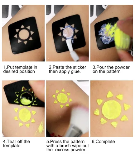 Vista 8 de Kit de tatuaje temporal con purpurina para maquillaje de niños, 30 purpurina corporal, 3 pegamento de purpurina, 5 hojas de plantillas de tatuajes