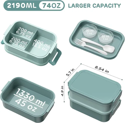 Vista 6 de DaCool Lonchera Bento para adultos, caja Bento de 74 onzas, contenedor apilable todo en uno para adultos, caja Bento grande con tenedor, cuchara