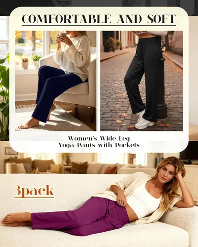 Vista 2 de Neer - Conjunto de 3 pantalones de yoga de pierna ancha para mujer - Pantalones deportivos cómodos, holgados, de cintura alta y casuales