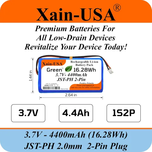 Vista 2 de Paquete de 1 batería de iones de litio de 3.7V 4400mAh con conector JST‑PH de 2 pines para electrónica, luces LED, juguetes, GPS y nodos solares