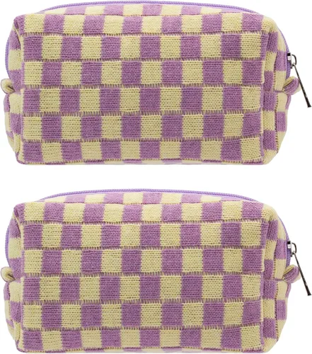 Vista 90 de PAZIMIIK Bolsa de Maquillaje a Cuadros para Bolso Portátil con Cremallera, Estuche Pequeño de Cosméticos para Accesorios de Viaje, Azul Ártico