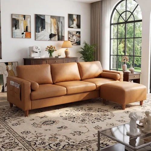 Vista 10 de Vesgantti - Sofá modular modular de piel sintética en forma de L de 100 pulgadas, color camello