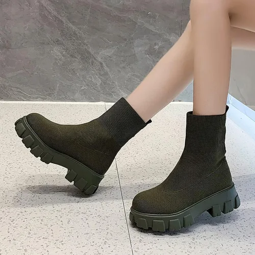 Vista 5 de Botas al tobillo con suela de lengüeta para mujer tacón bajo botas Chelsea elásticas botines cortos