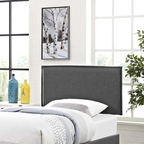 Vista 5 de Modway Camille - Cabecera tapizada de tela de lino en color gris con ribete francés