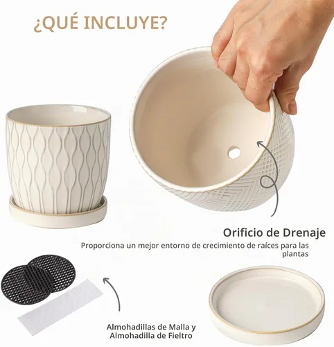 Vista 3 de Nihow Macetas de cerámica con orificio de drenaje y platillo, 4.75 pulgadas Malla de red blanca crema