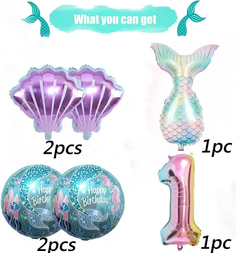 Vista 2 de Kit de decoración de cumpleaños de sirena sdquskin: 6 globos verdes de sirena (número 1) para niñas