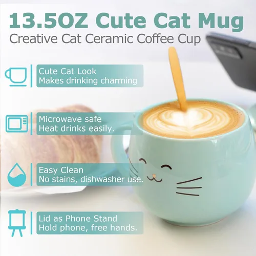 Vista 3 de Yuwu Taza de café de cerámica con cuchara y tapa, taza de 13.5 onzas con tapa de soporte para teléfono, bonita taza de té para mujeres y entusiastas
