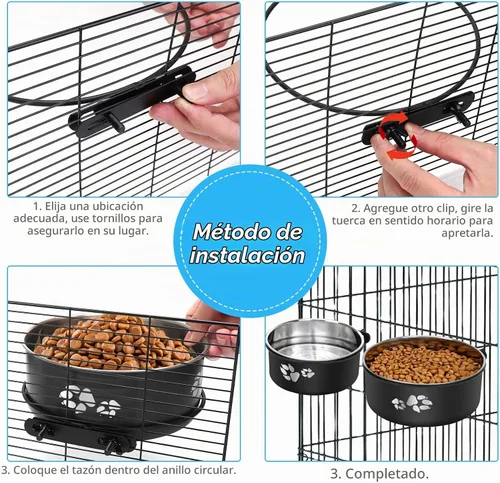 Vista 6 de Cuenco de agua para perrera, caja de acero inoxidable para perros, tazón de agua sin derrames, paquete de 2 cuencos colgantes para jaula de perrera