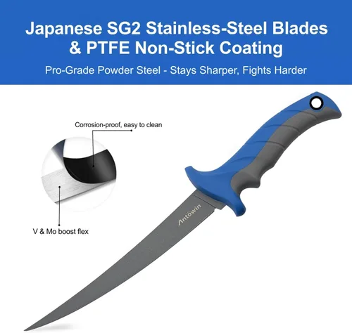 Vista 3 de ANTOWIN Cuchillo de filete de 7 pulgadas para pescado, hoja de acero inoxidable SG2 japonés de grado profesional, cuchillos de filete de pesca
