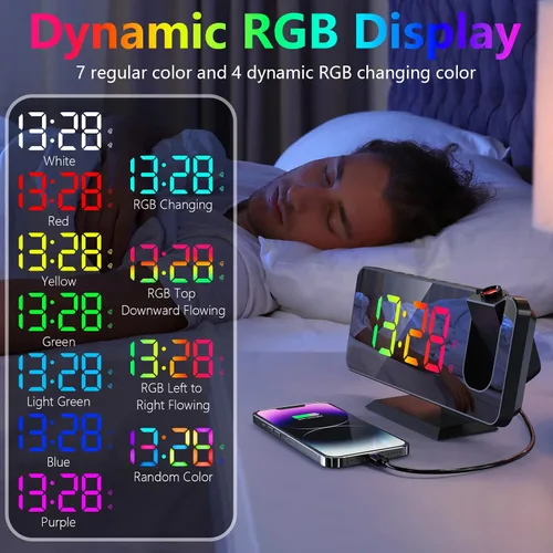 Vista 3 de Reloj despertador de proyección para techo de dormitorio, proyector giratorio de 180°, espejo RGB de 7.4 pulgadas, pantalla digital LED, alarma dual